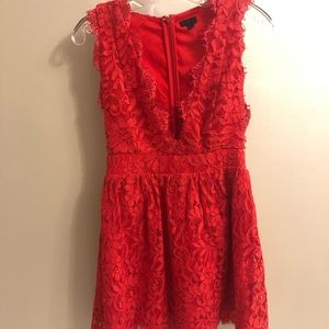 NBD lace dress with deep V-neck in red